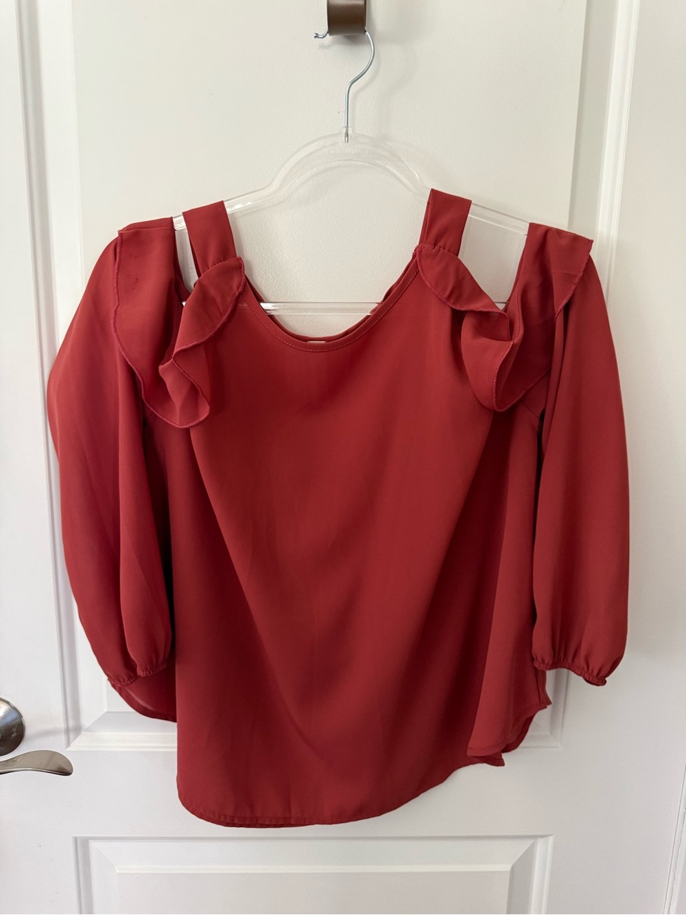 Peppermint Women’s Ruffle Cold-Shoulder Blouse - Rust Red - Picture 2 of 5